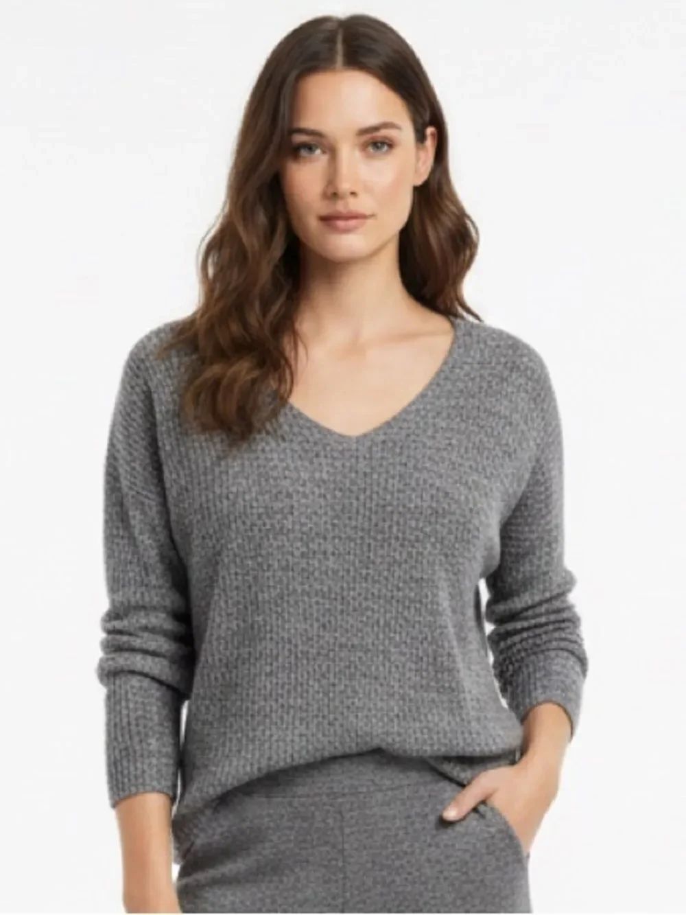 AMERICAN EAGLE | Heathered Gray V-Neck Waffle Knit Top Women’s Size Medium